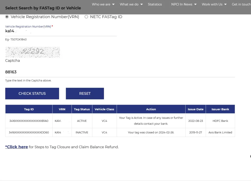 Check Your NETC FASTag Status